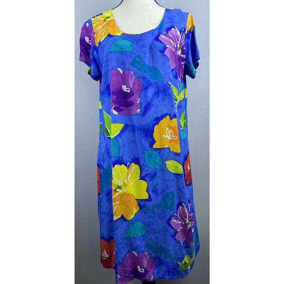 Jams World Sz L Hula Moon Trademark Hawaii Shift Cobalt Blue Yellow Floral Dress - Picture 2 of 9